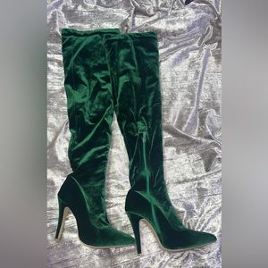 Green velvet thigh high boots